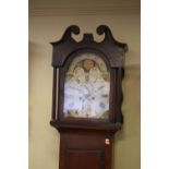 George III mahogany-cased eight day painted dial longcase clock, with 12-inch break-arch Roman dial,