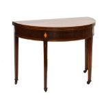 19th Century mahogany and string inlaid demi lune fold over tea table, 104cm wide