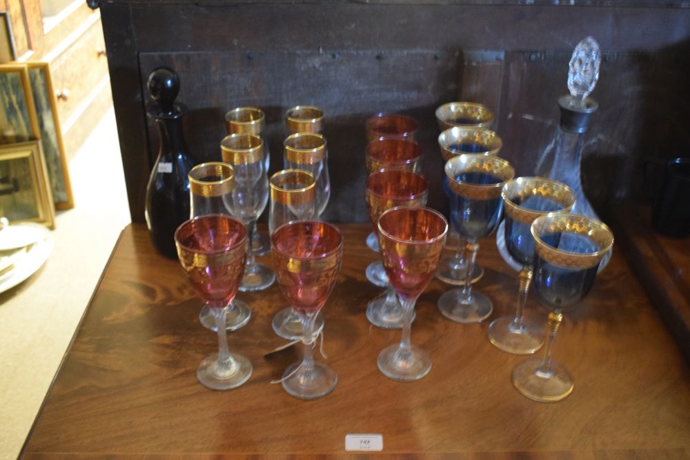 Assorted glass ware comprising three sets of six wines, plus two decanters (20)