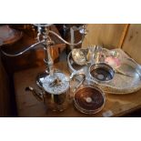 Assorted plated wares to include wavy gallery tray, two-branch candelabra, bottle coasters etc