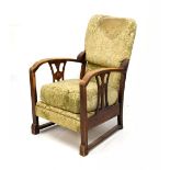 Early 20th Century stained beech framed fireside open arm elbow chair