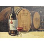 Eric Craddy - Bristol Savage - Oil on board - Still life of wine bottle, glass and barrels, 24cm x