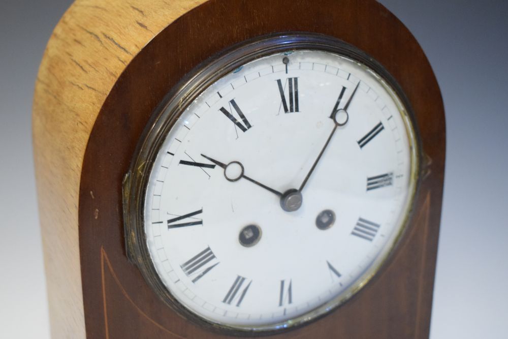 Early 20th Century inlaid mahogany mantel or bracket clock, with five-inch white enamel convex Roman - Image 4 of 6