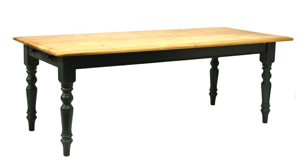Pine refectory or farmhouse table with planked moulded top on painted base fitted one short frieze