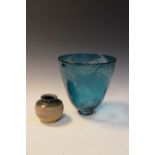 Julia Linstead green glass fish decorated vase, 20cm high, together with slender squat pottery vase,