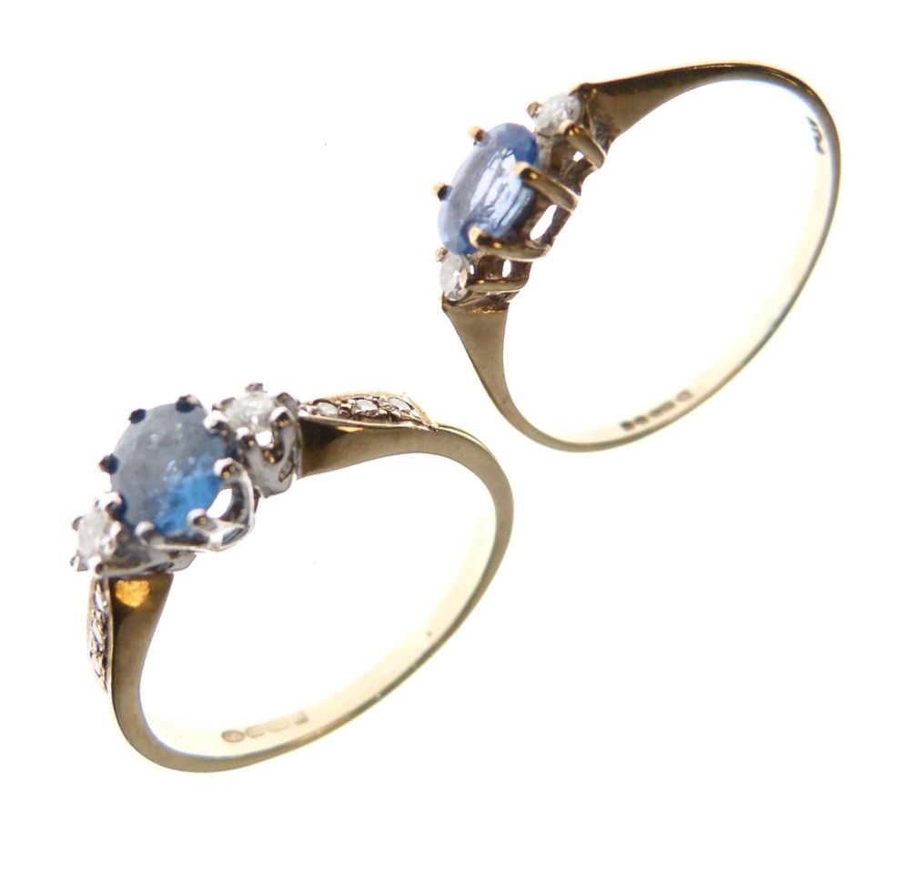 Two 9ct gold dress rings, one set central sapphire between two small diamonds, the other set a