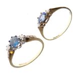 Two 9ct gold dress rings, one set central sapphire between two small diamonds, the other set a