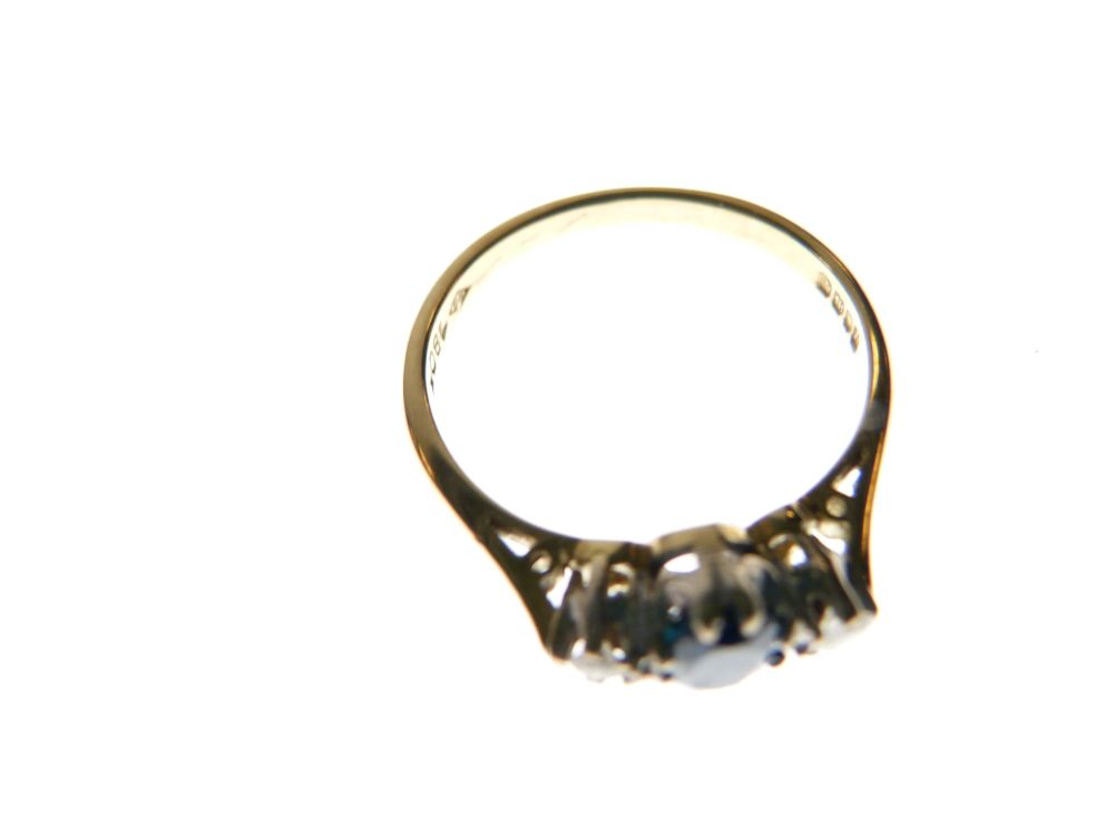 18ct gold, sapphire and diamond three-stone ring, size O, 2.9g gross approx - Image 5 of 5