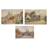 G.E. Bayley - Watercolours - Two views of Corfe Castle, 28cm x 38cm approx, both framed and