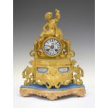 Late 19th Century French porcelain-mounted gilt spelter mantel clock, with cellular Roman dial