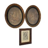 Pair of late 18th Century oval mezzotints in verre eglomisé surrounds and gilt foliate frames,