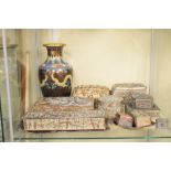 Collection of antimony cast metal boxes and a cloisonné vase