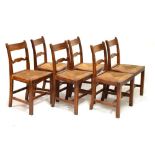 Set of six 19th Century fruitwood bar back dining chairs having drop-in rush seats