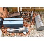 Assorted car accessories to include; Kwikway car ramps, Weber jack, tool boxes, testers, etc