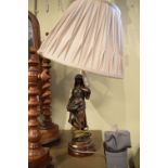 Bronze finish figural table lamp depicting a figure gathering fruit, with shade
