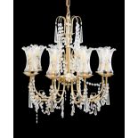 Late 20th Century brass lustre drop eight-branch chandelier