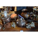 Assorted metal work to include copper kettles, brass candlesticks etc