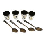 Four Russian white metal and enamel vodka beakers, 916 hammer and sickle stamp, together with four