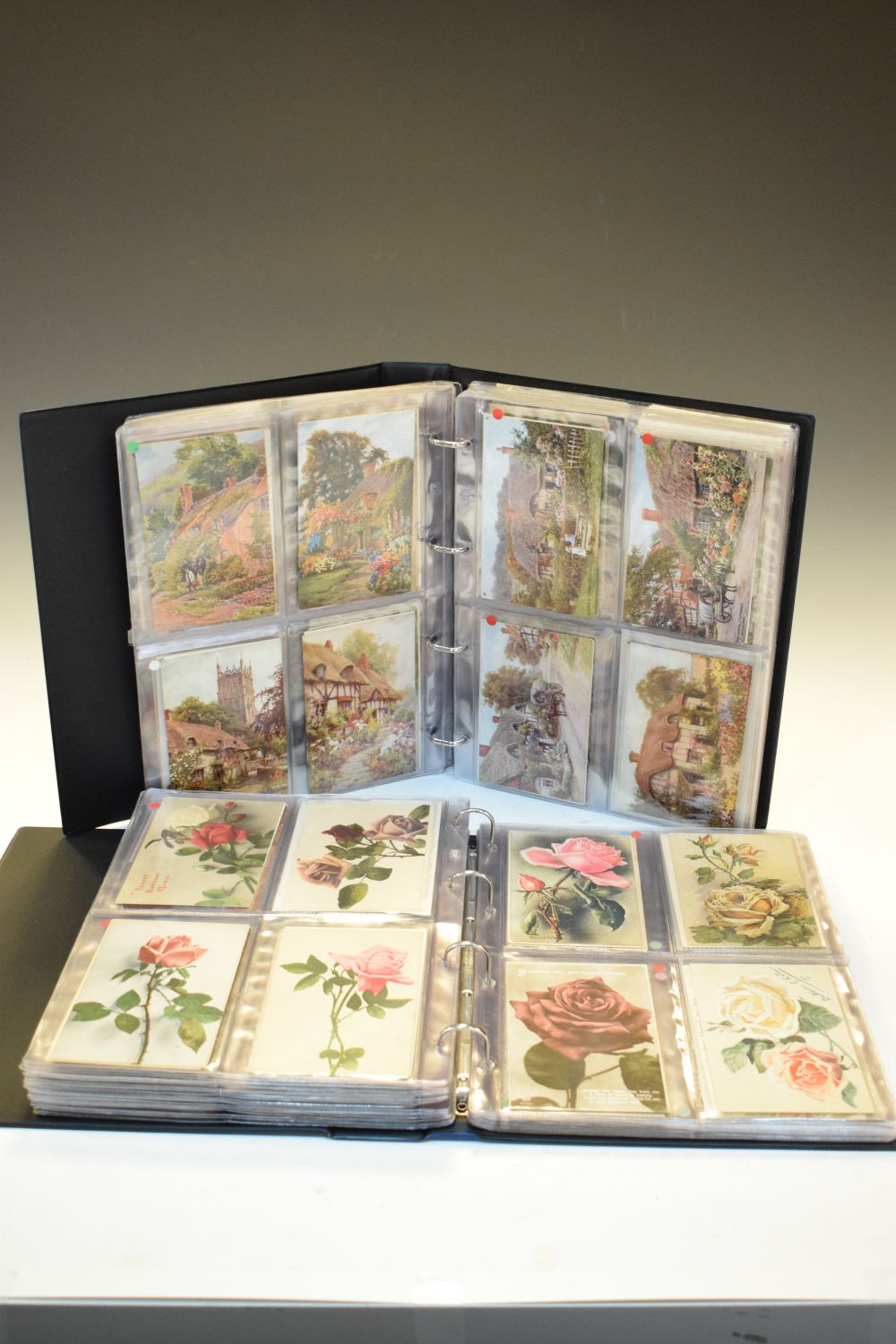 Postcards - two large albums containing a selection of garden, fruit and vegetable-themed postcards