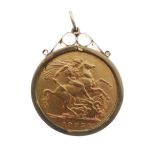 Gold Coin - Edward VII sovereign, 1905, within 9ct scroll frame as pendant, 9.4g approx