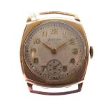 Helvetia - Mid 20th Century unmarked yellow metal wristwatch head, Arabic dial with subsidiary at 6,