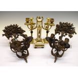 Pair of cast metal wall mounted twin-branch girandole, pair of brass candlesticks and an alabaster