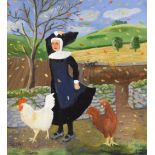 E. Vibert - Oil on board - Breezy autumn walk, depicting a nun with chickens, 23cm x 21cm, in a gold