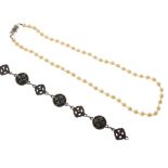 Cultured pearl necklace with metal clasp, approximately 43cm long, together with a panel bracelet of
