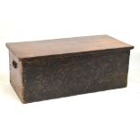 Antique oak coffer or bedding chest with incised front, 143.5cm x 66cm x 55cm high