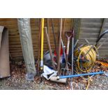 Assorted garden tools to include; Hozelock hose reel with Harris extension pole, galvanised watering