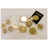 Collection of Royal Mail gilt medallions, World Savers, gilded pennies and halfpenny etc