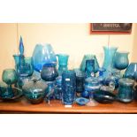 Whitefriars Geoffrey Baxter blue glass bark vase, one other Whitefriars knobbly blue glass vase,
