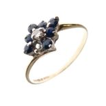 9ct gold cluster ring set white and blue stones (one missing), size M, 1.3g gross approx