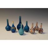 Three miniature Imari bud vases, together with five Chinese blue examples, tallest 12cm high (8)