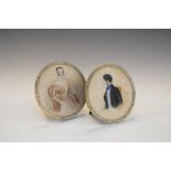 Pair of 19th Century watercolour miniature portraits of a lady and gentleman, 12cm diameter, in