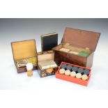 Assorted games, playing cards, etc, together with two inlaid wooden boxes