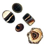 Group of five banded agate bar brooches, largest 7.5cm