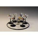 Glass cocktail set having hand painted birds, together with tray and cocktail sticks