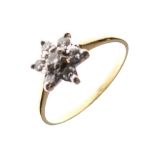 Yellow metal cluster ring set seven diamonds, size O, 2.3g gross approx