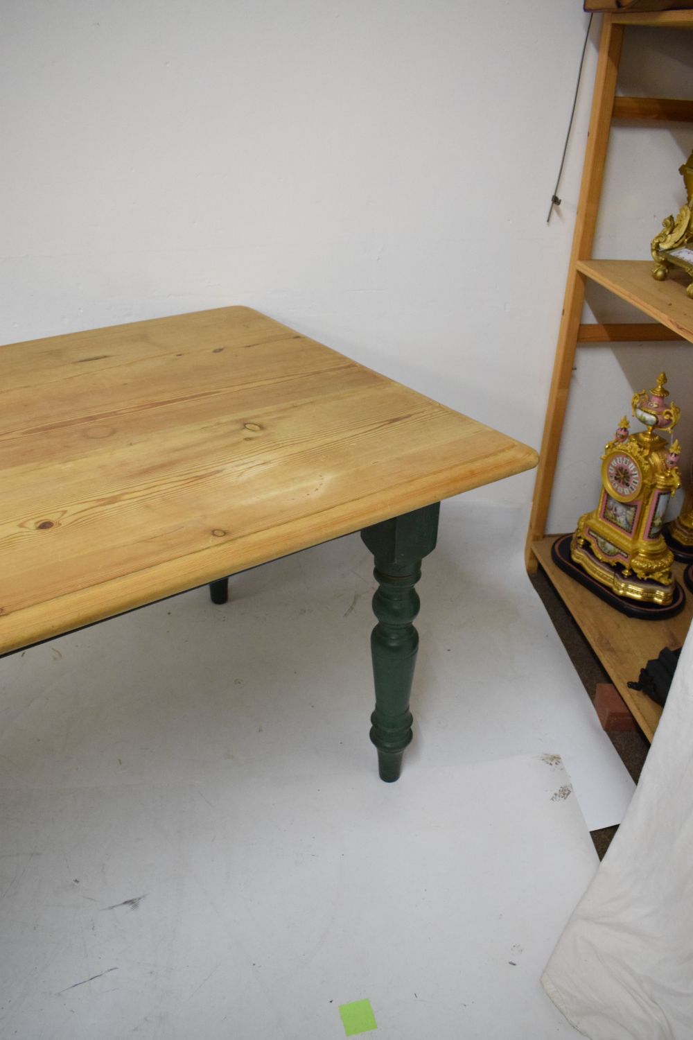 Pine refectory or farmhouse table with planked moulded top on painted base fitted one short frieze - Image 4 of 4