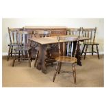 Mid 20th Century oak refectory style dining suite comprising: rectangular table, 136cm x 68cm, six