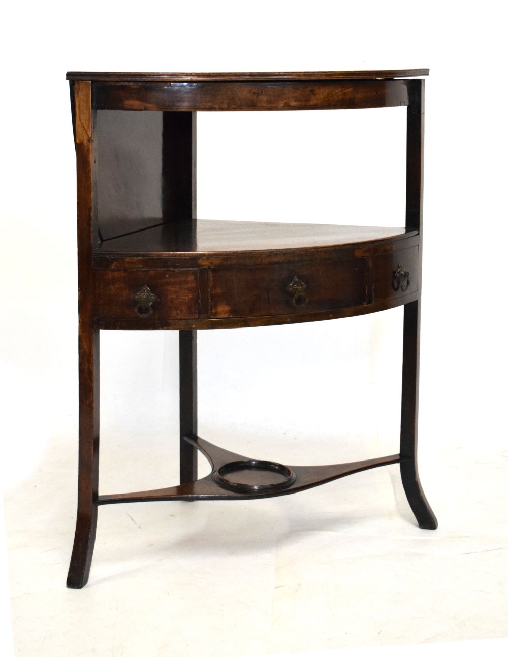 Early 19th Century mahogany bow front corner wash stand, with hinged splash back, 83cm high (closed)