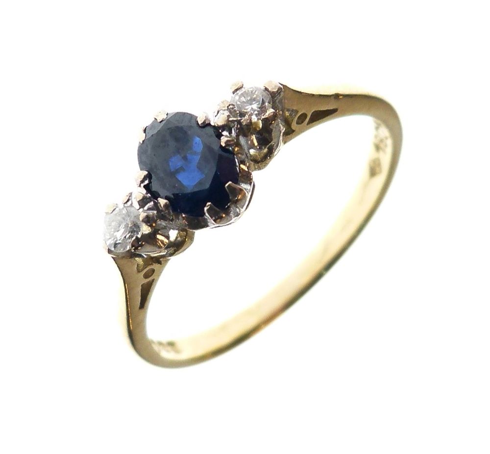 18ct gold, sapphire and diamond three-stone ring, size O, 2.9g gross approx