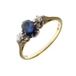 18ct gold, sapphire and diamond three-stone ring, size O, 2.9g gross approx