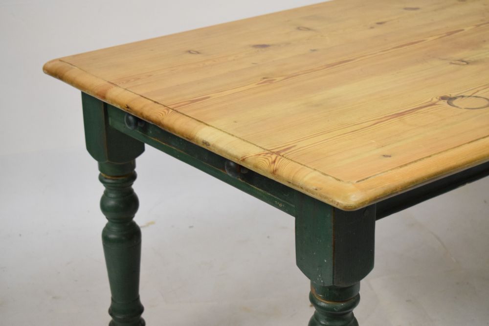 Pine refectory or farmhouse table with planked moulded top on painted base fitted one short frieze - Image 2 of 4