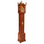 Georgian-style red-lacquered chiming grandmother clock, with 7.5-inch break-arch gilt dial and