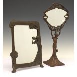 Rectangular Art Nouveau design cast metal easel mirror, 35cm overall height, together with one other