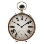 Early 20th Century silver-plated 'Goliath' pocket watch, white Roman dial, subsidiary at VI, top