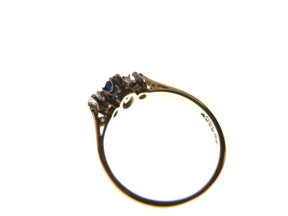 18ct gold, sapphire and diamond three-stone ring, size O, 2.9g gross approx - Image 4 of 5