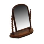 Victorian mahogany arched top dressing table mirror, raised on barley twist uprights, 72cm wide
